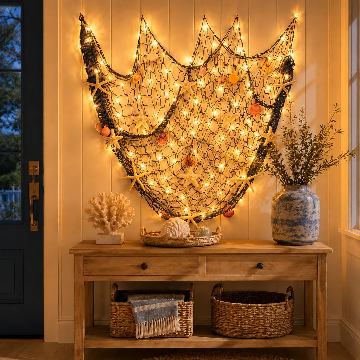 🌊🌊✨ Coastal Fishing Net Wall Hanging with Fairy Lights