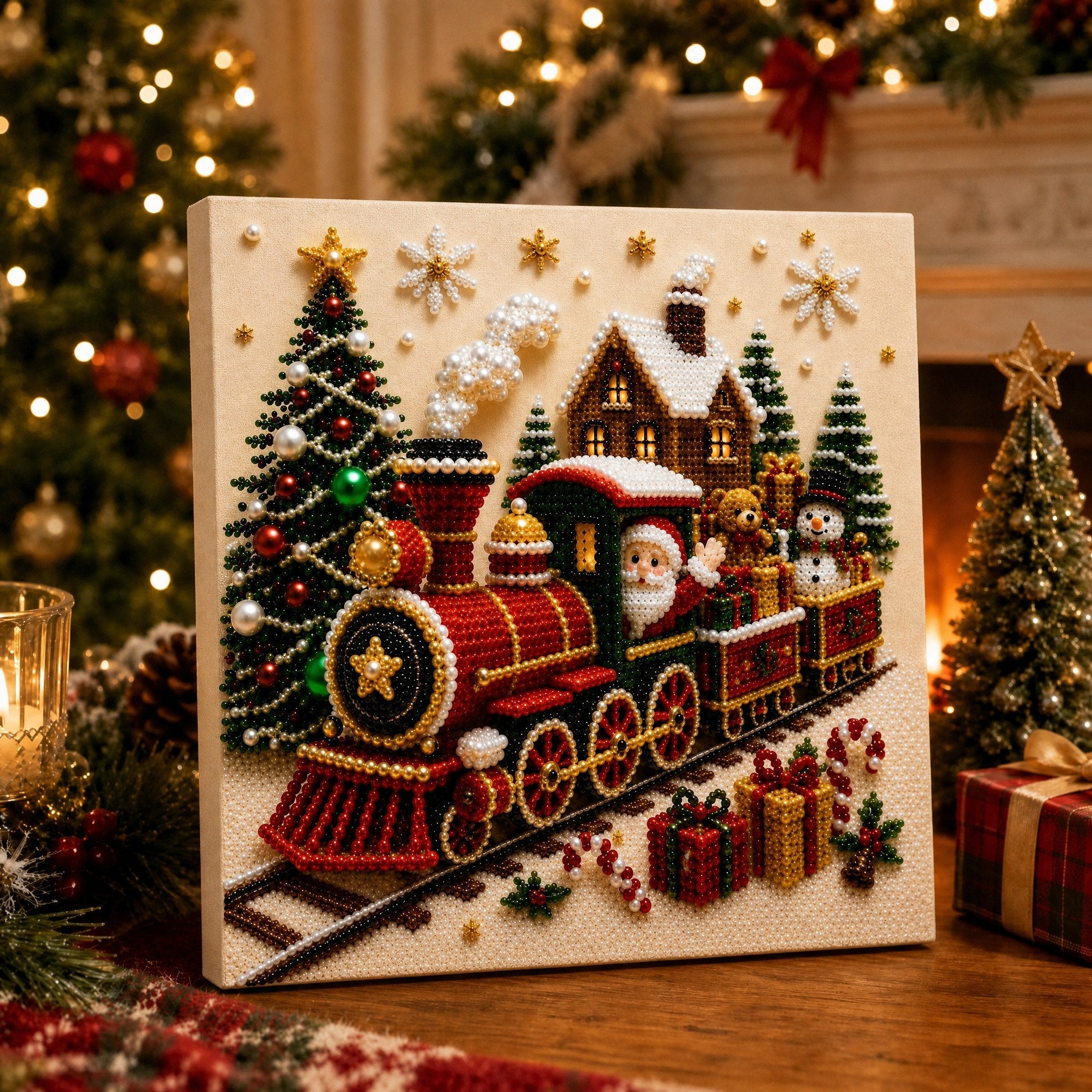 🎄🎄🎅 Premium 3D Pearl Christmas Wall Art Kit | Luxury Flocked Canvas with Scratch-Resistant Non-Fading Pearl Beads DIY Holiday Decor ⛄️❄️