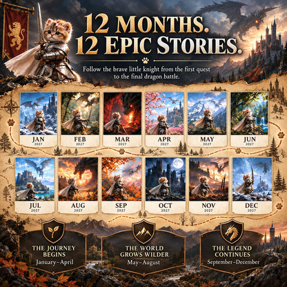 🐱 2027 Knight Cat vs. The Dragon Wall Calendar | 12 Fantasy Scenes