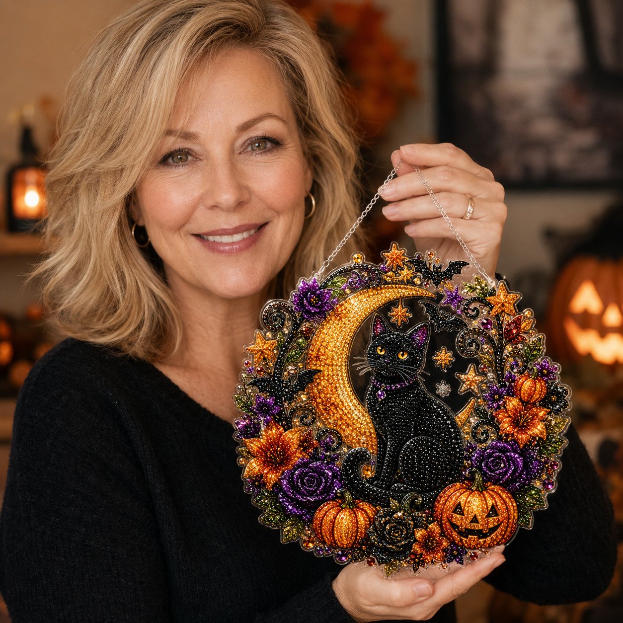 🎃🎃Black Cat Moon Diamond Art Hanging Ornament Kit – Relaxing DIY Halloween Craft 🎃💎 (📦Buy 2 Free Shipping)