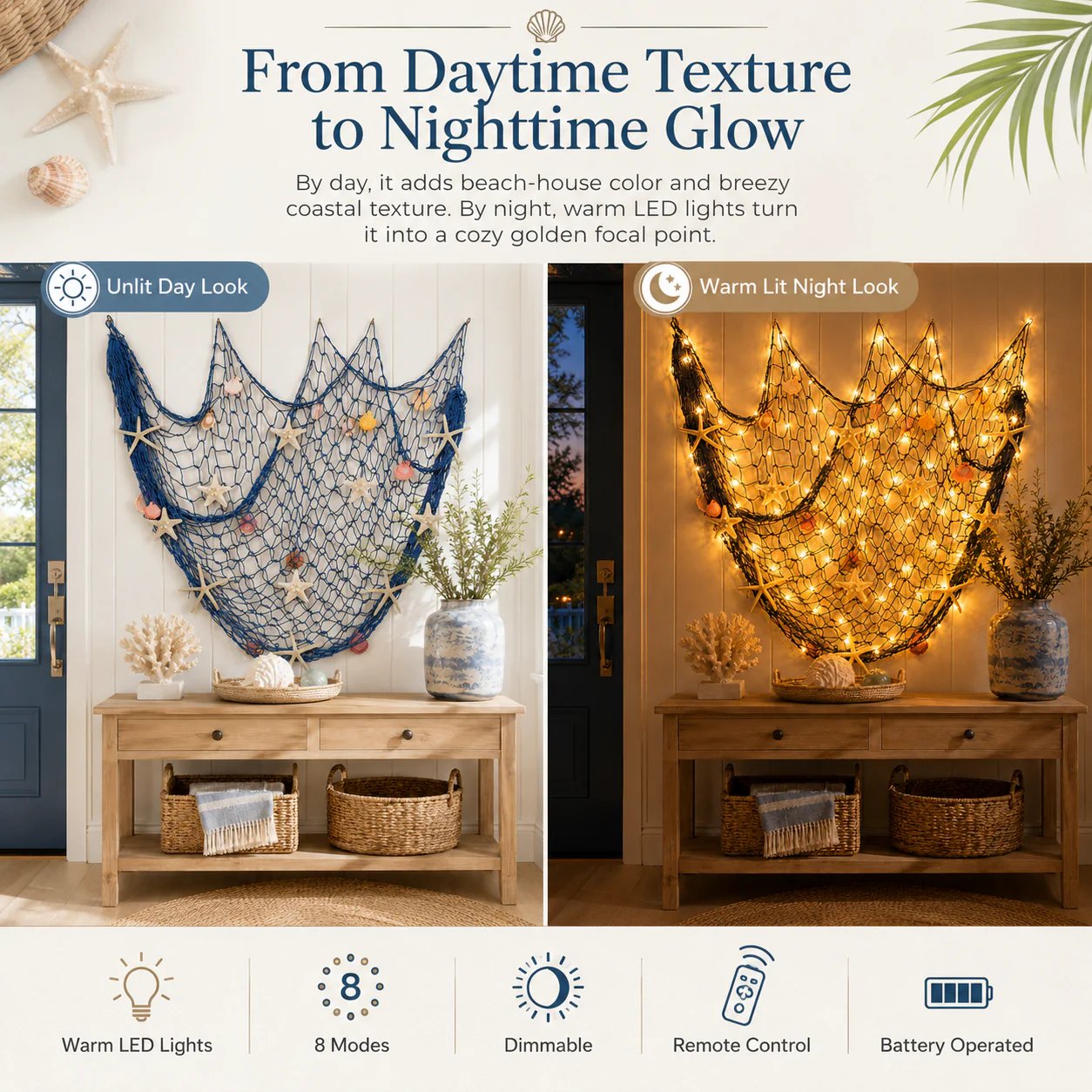 🌊🌊✨ Coastal Fishing Net Wall Hanging with Fairy Lights