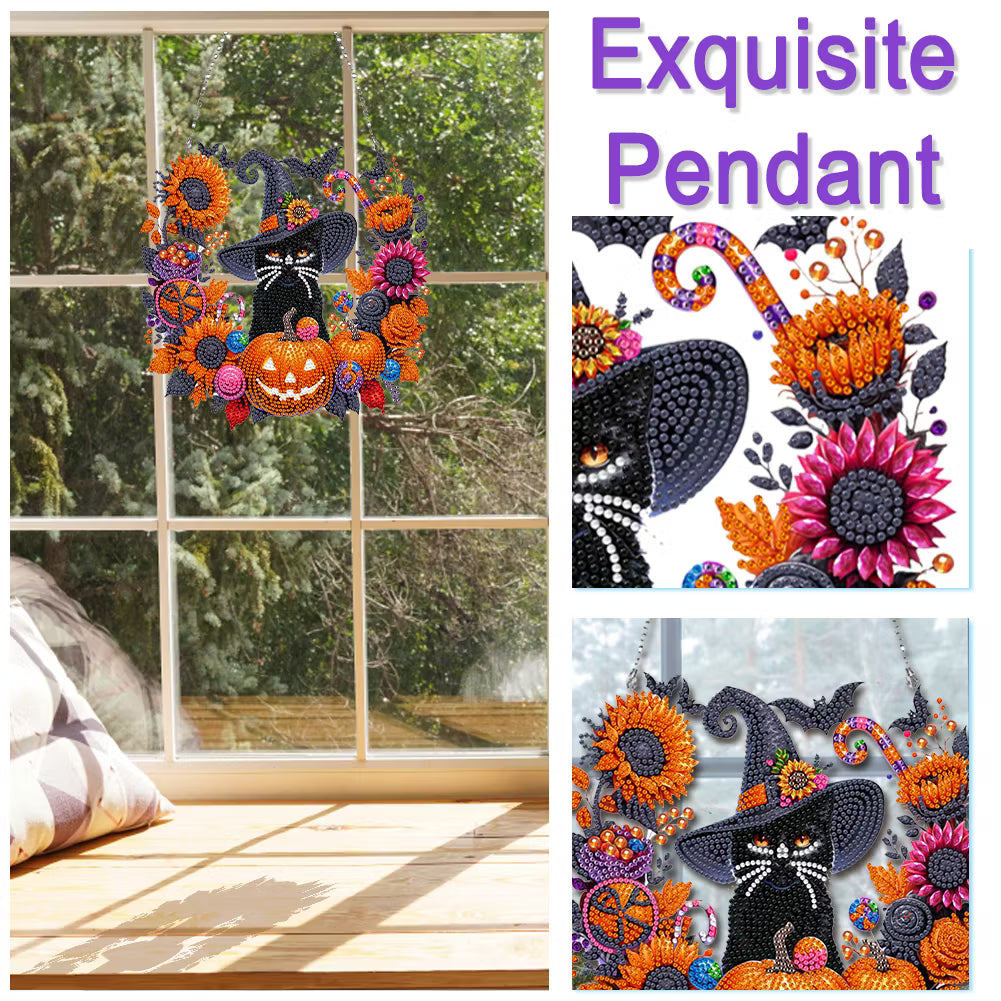 🎃🎃Black Cat Moon Diamond Art Hanging Ornament Kit – Relaxing DIY Halloween Craft 🎃💎 (📦Buy 2 Free Shipping)