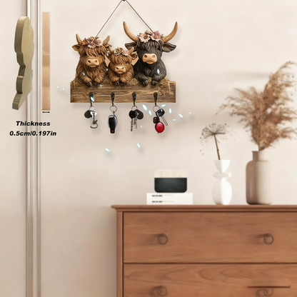 🐮2D- Rustic Highland Cow Wooden Family Key Holder Hanging Ornament with 4 Hooks