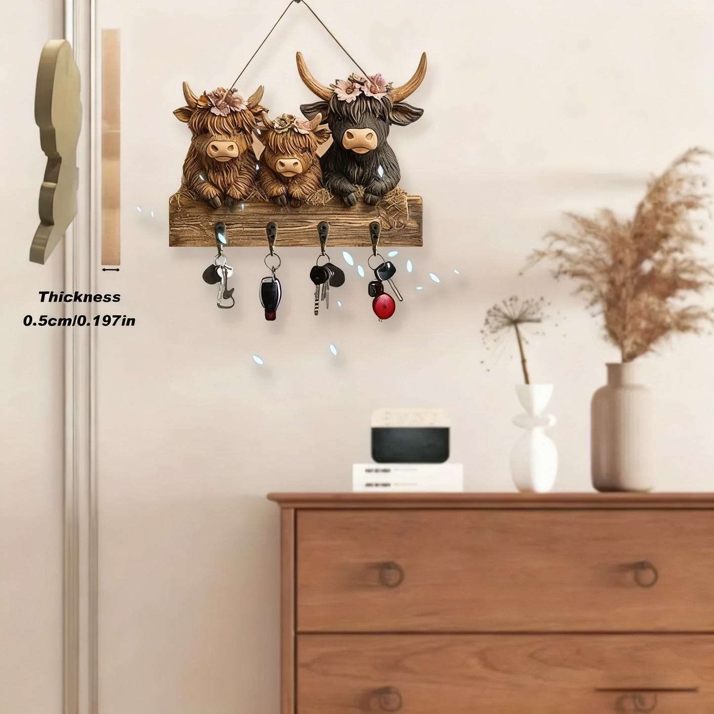🐮 🐮2D-Rustic Highland Cow Wooden Family Key Holder Hanging Ornament with 4 Hooks