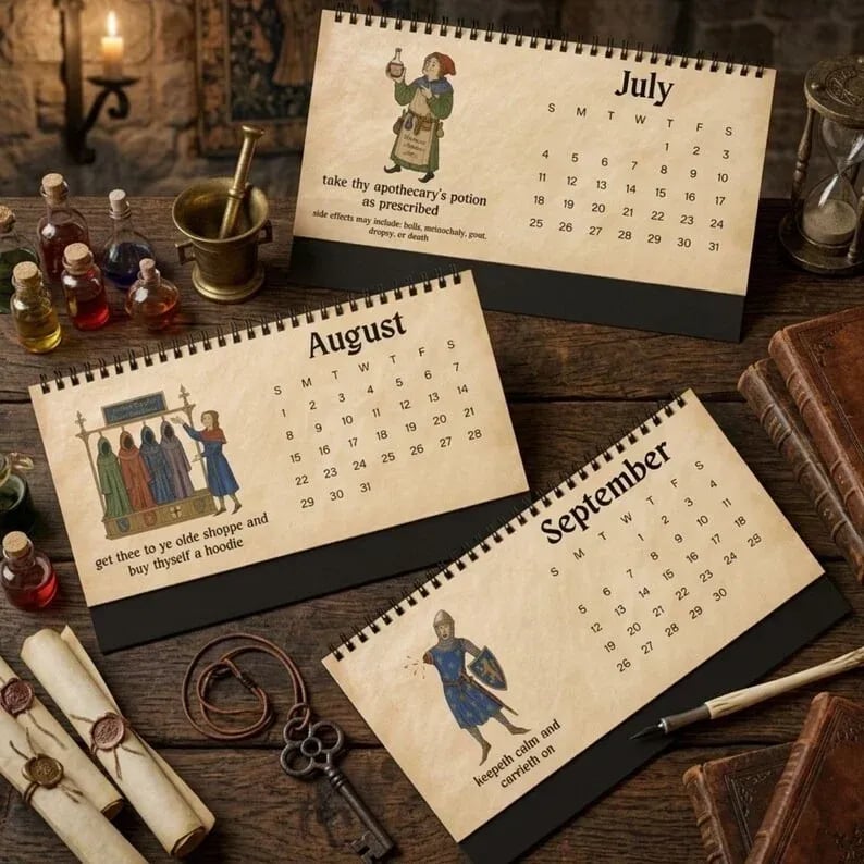 🗓️ Medieval Wisdom 2027 Desk Calendar | Medieval-Inspired Art, Modern Humor & Easy-Flip Spiral Binding 🏰