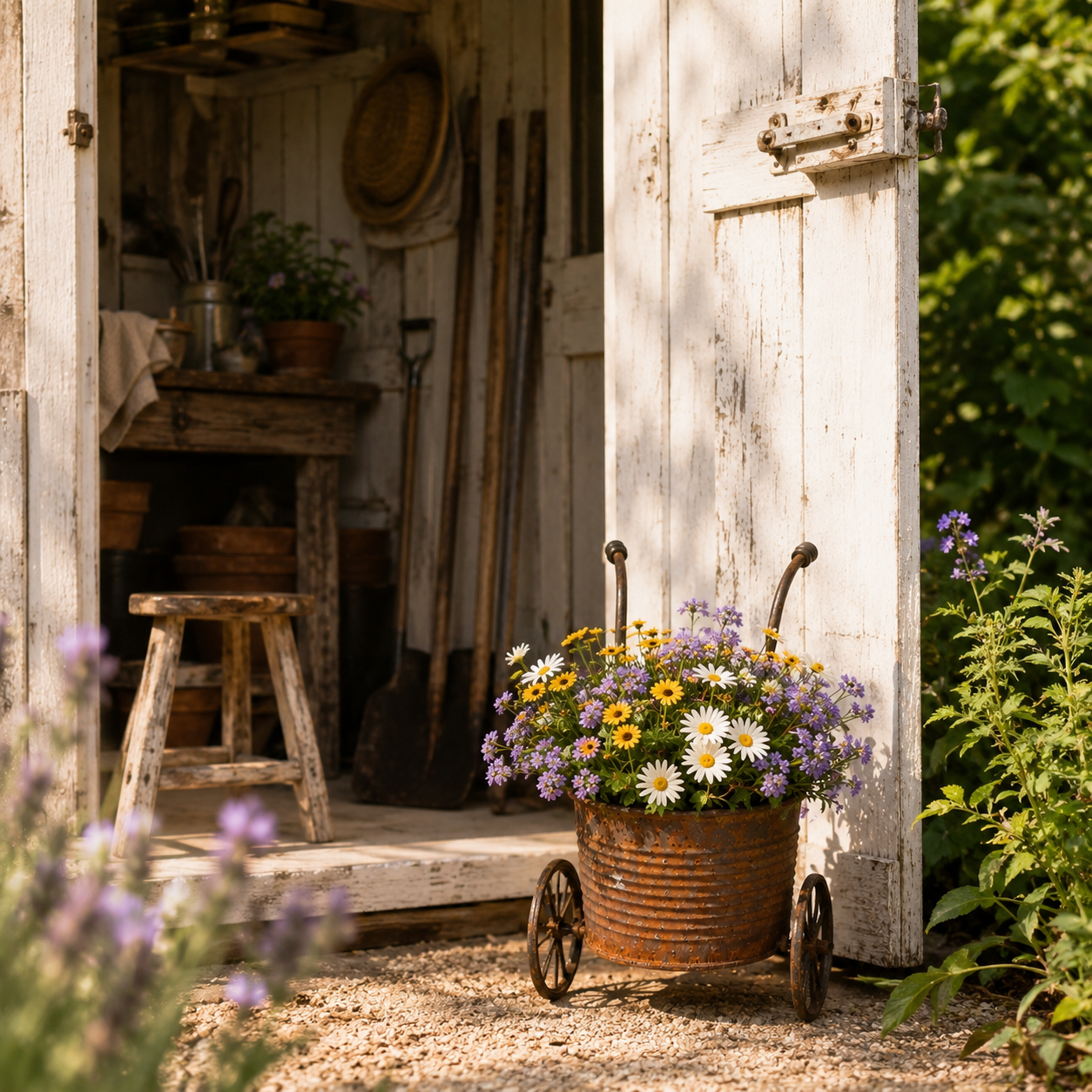 🌸🌸Rustic Metal Wheelbarrow Planter, Vintage Garden Cart Flower Pot
