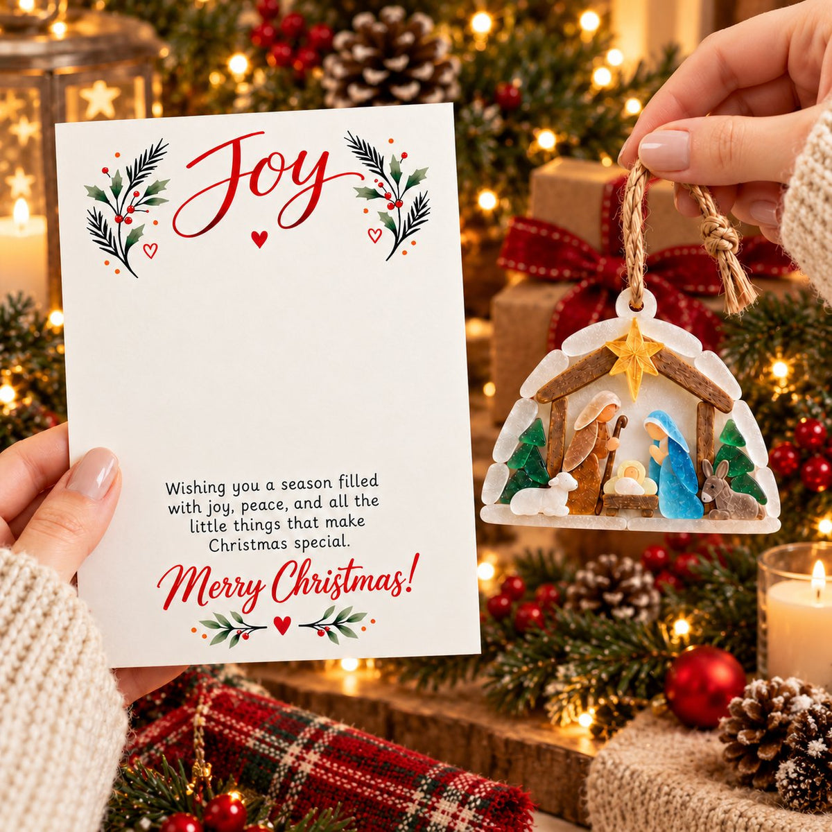 Joy Nativity Sea Glass Christmas Ornament with Greeting Card