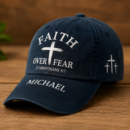 Faith Over Fear Christian Custom Name Hat – 2 Corinthians 5:7