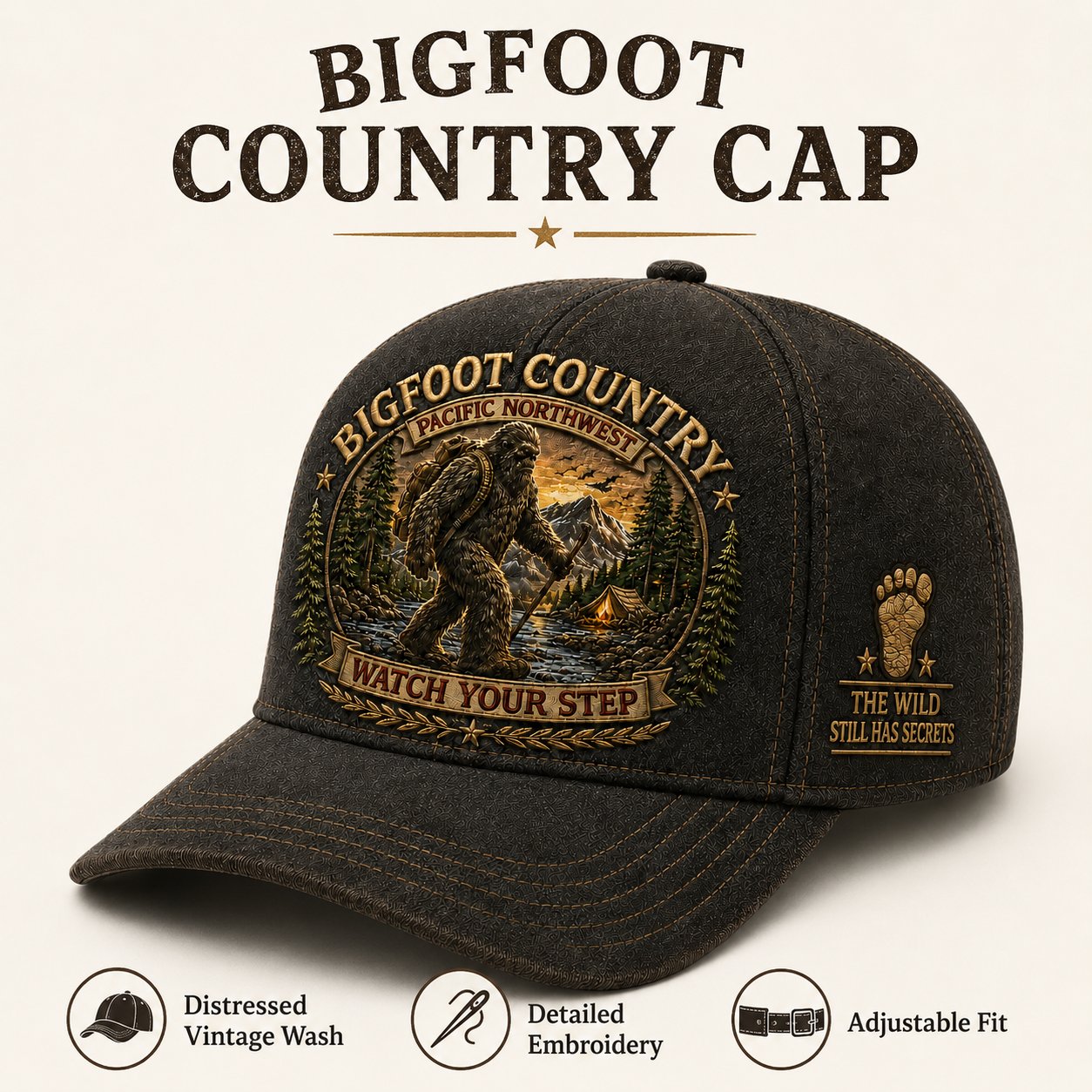 🦶🦶Bigfoot Country Vintage Embroidered Cap – Free Collector Coin Included