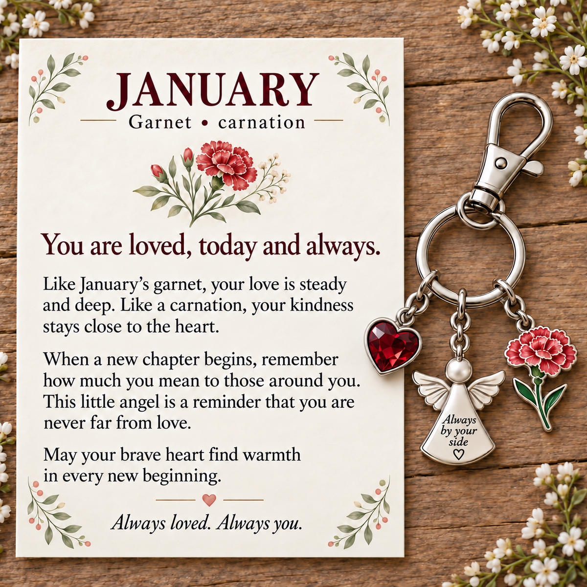 ⏳ Last Day 50% OFF —👼 Always By Your Side: Birth Month Angel & Flower Keychain + Keepsake Card 🌸
