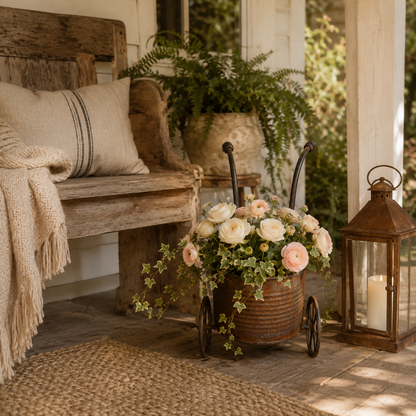 🌸🌸Rustic Metal Wheelbarrow Planter, Vintage Garden Cart Flower Pot
