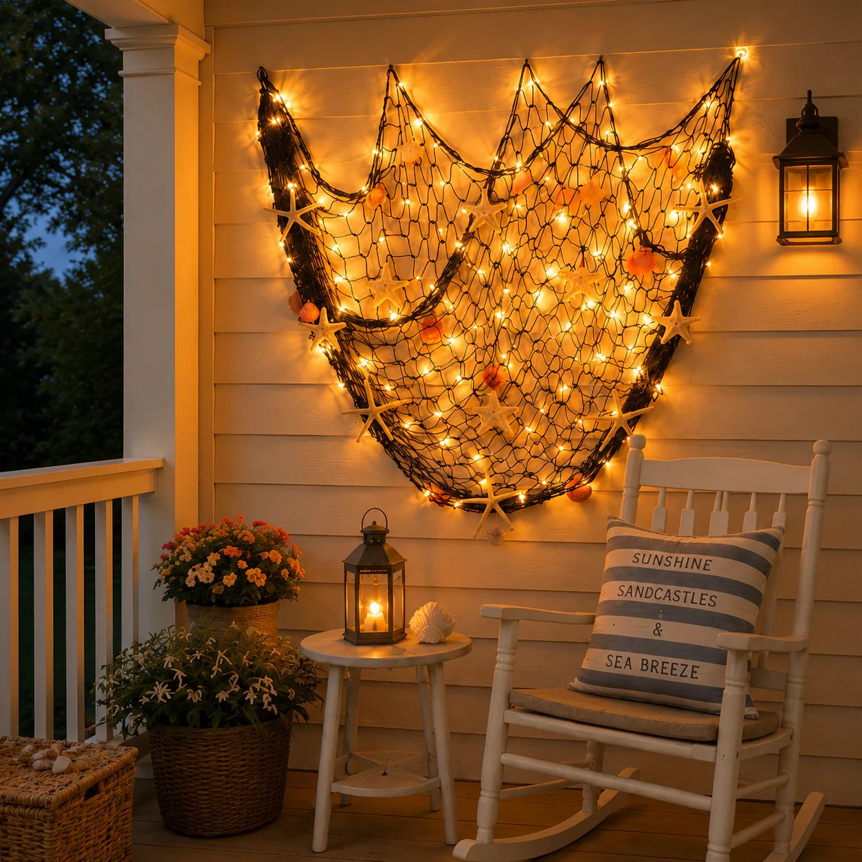 🌊🌊✨ Coastal Fishing Net Wall Hanging with Fairy Lights