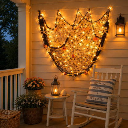 🌊🌊✨ Coastal Fishing Net Wall Hanging with Fairy Lights
