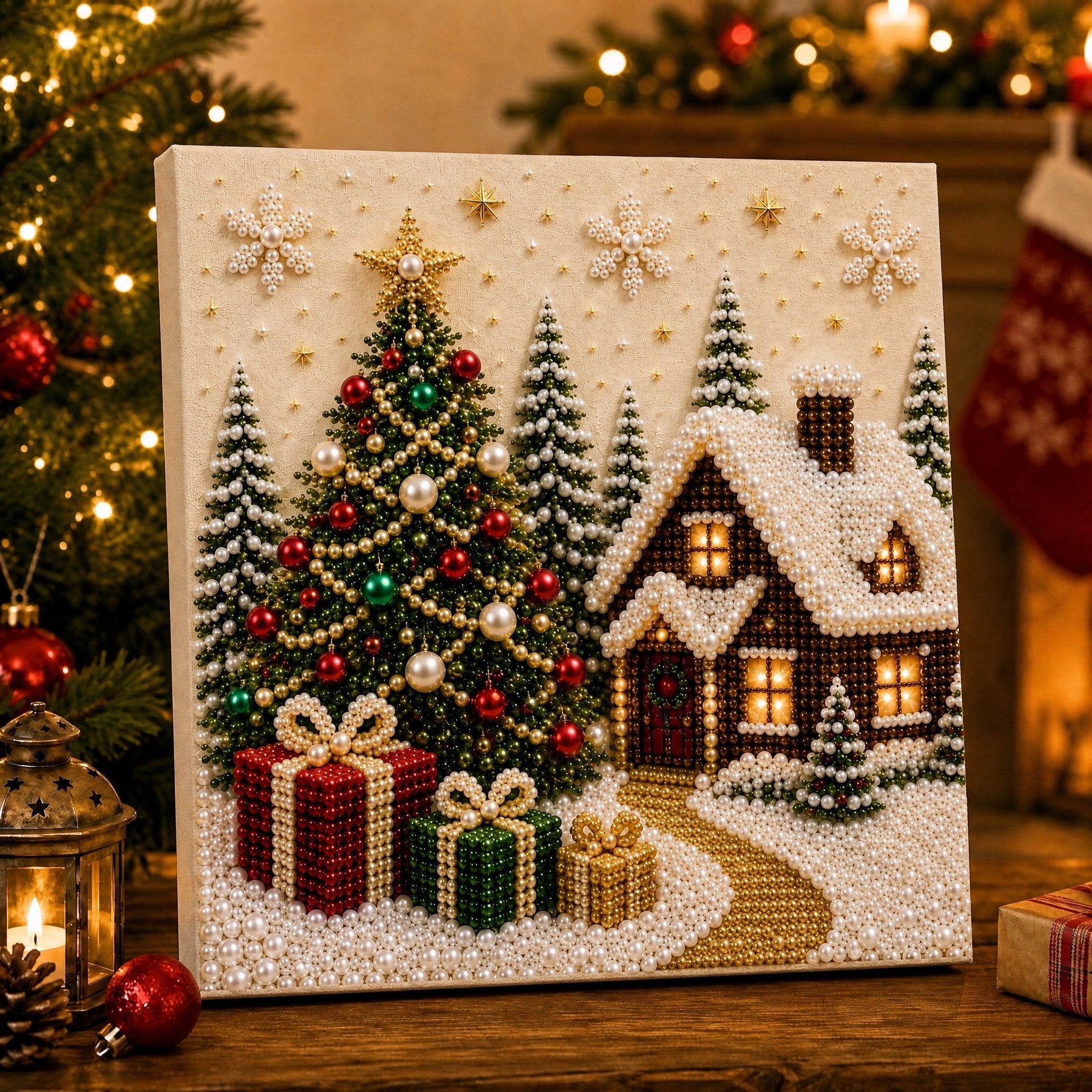 🎄🎄🎅 Premium 3D Pearl Christmas Wall Art Kit | Luxury Flocked Canvas with Scratch-Resistant Non-Fading Pearl Beads DIY Holiday Decor ⛄️❄️