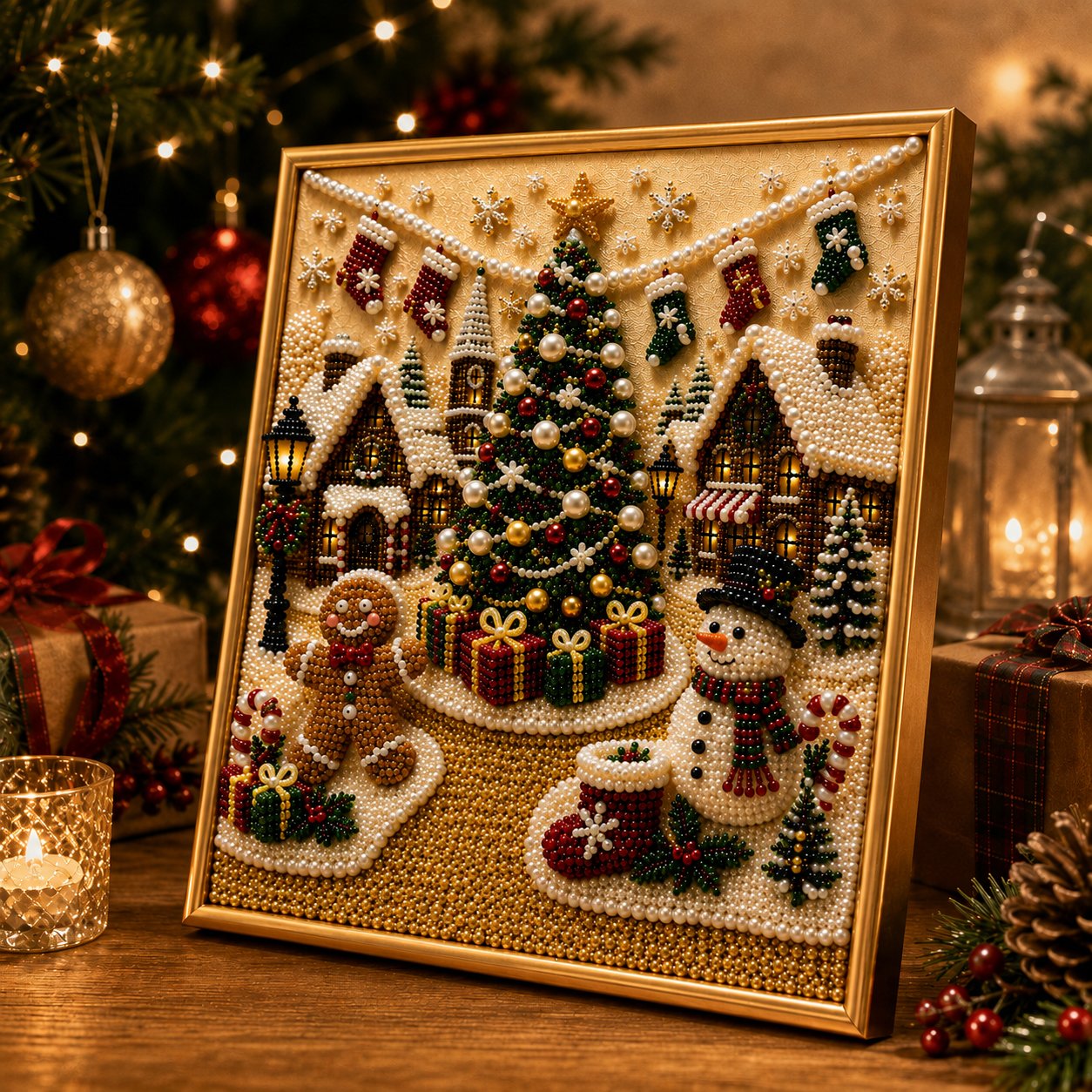 🎄🎄🎅 Premium 3D Pearl Christmas Wall Art Kit | Luxury Flocked Canvas with Scratch-Resistant Non-Fading Pearl Beads DIY Holiday Decor ⛄️❄️