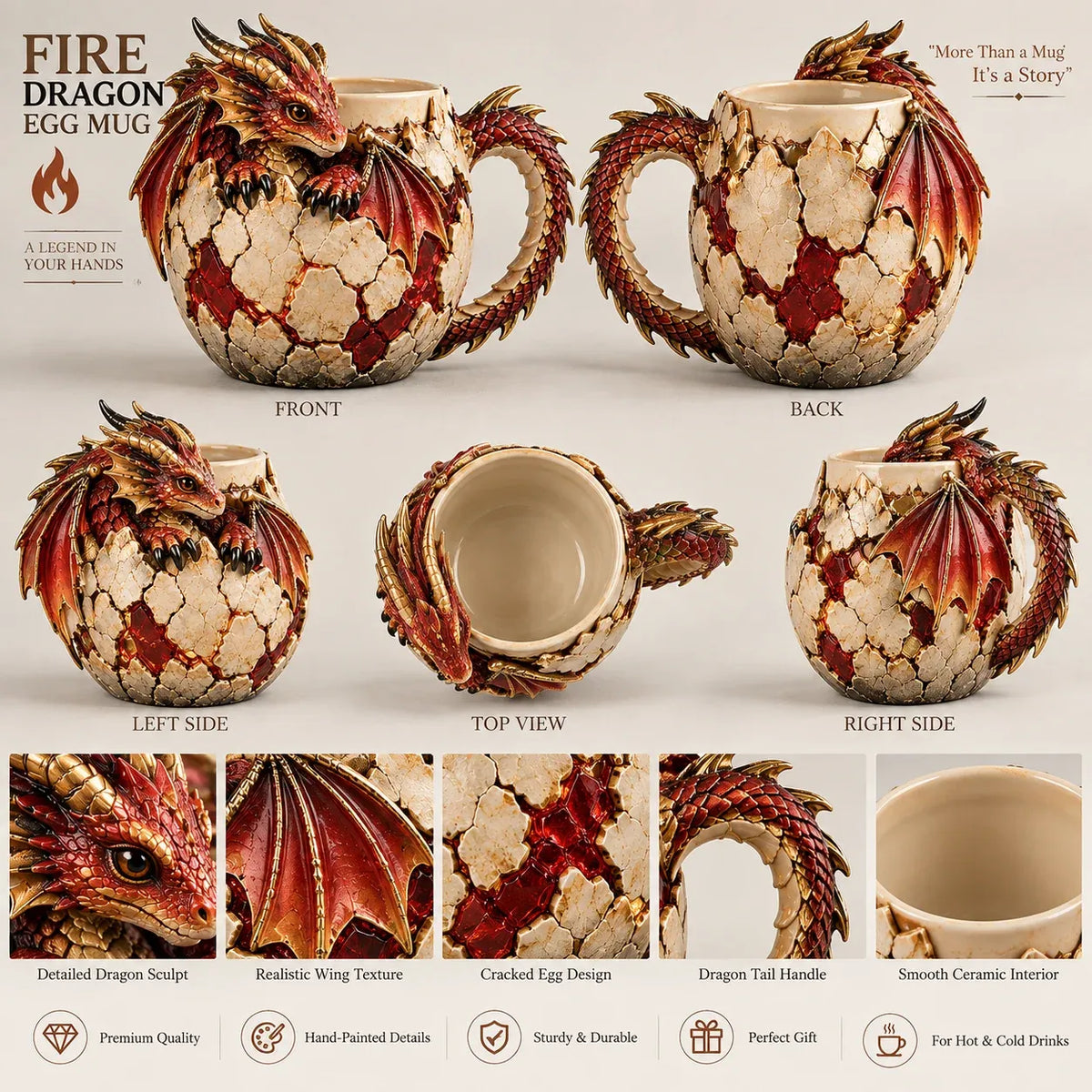 ⏳ Last Day 50% OFF – 🐉 Dragonbound RealmsTM Sculpted Dragon Mug Collection | 6 Fantasy Realm Designs with Raised 3D Dragon Details ☕