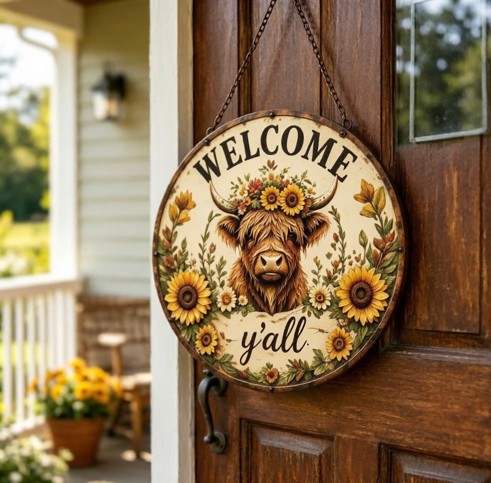 🌻🐂 Highland Cow Sunflower Welcome Sign