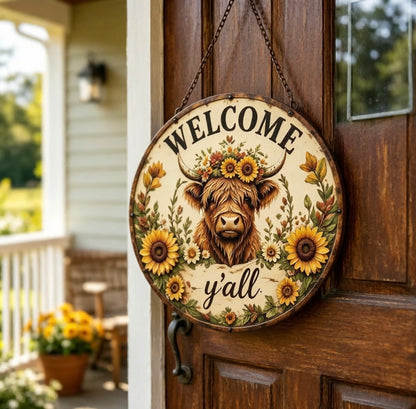 🌻🐂 Highland Cow Sunflower Welcome Sign