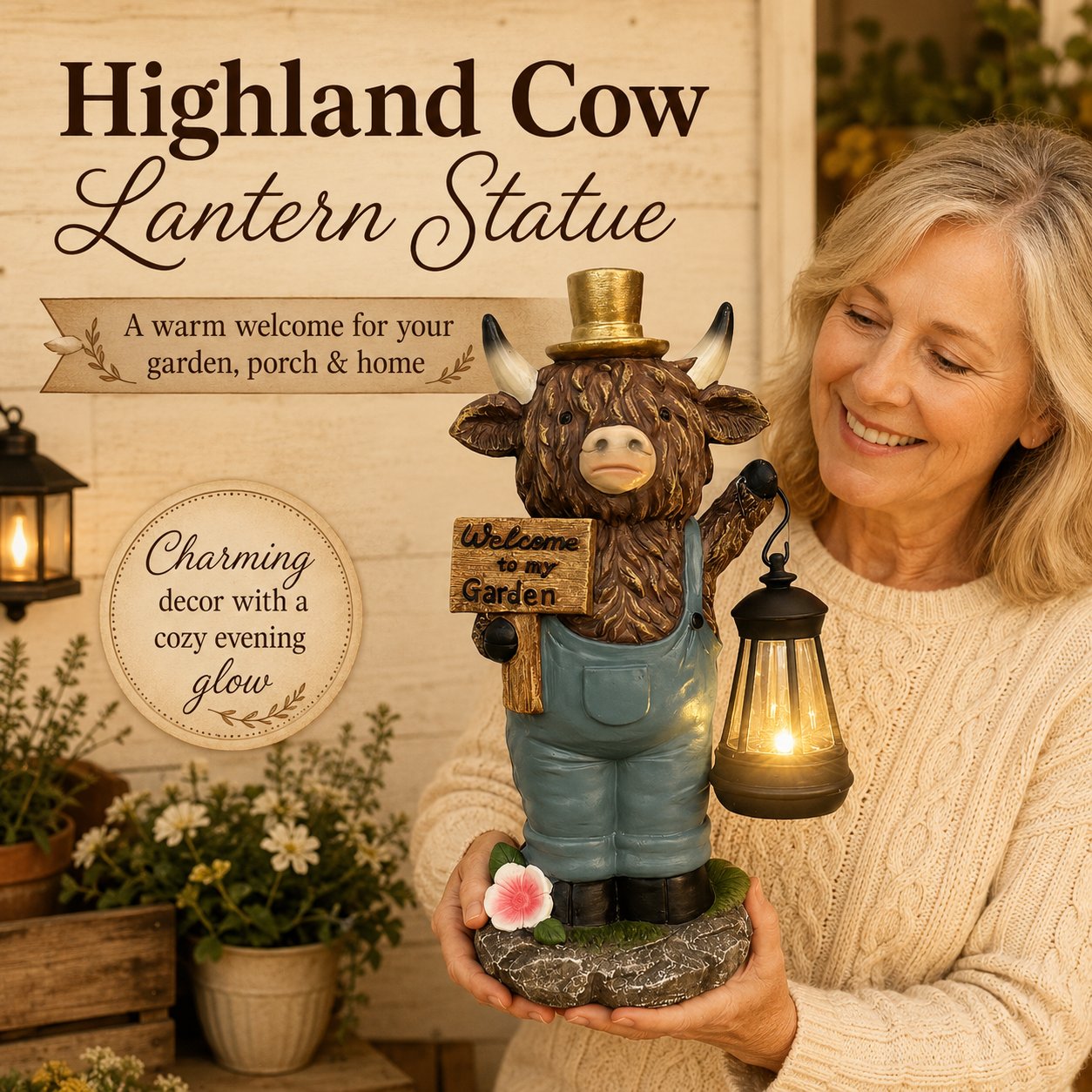 🐂🐂Handcrafted Highland Cow Solar Garden Lantern Statue