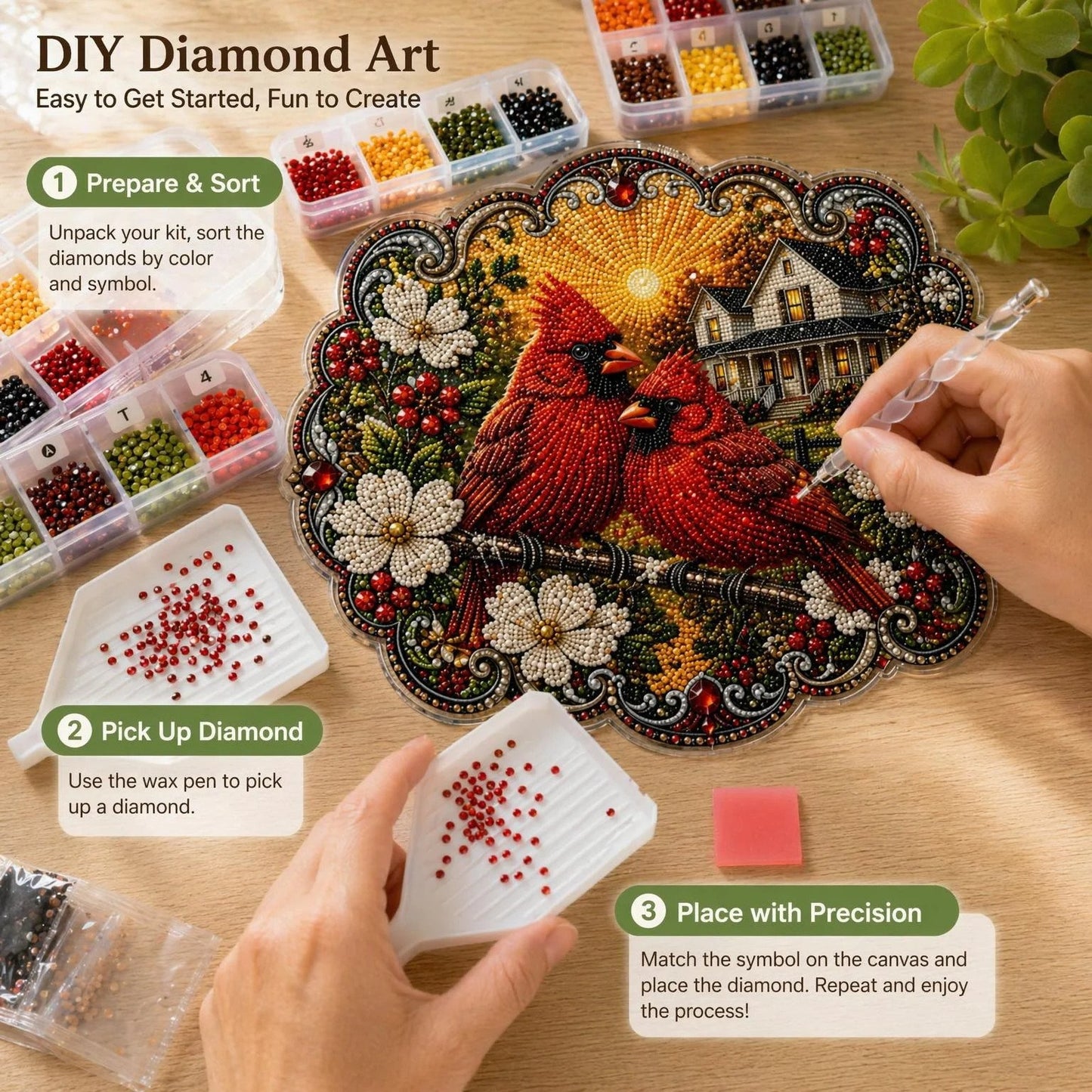 ✨🐦Beginner-Friendly-🐦Cardinals & Sunrise Diamond Art Hanging Ornament Kit