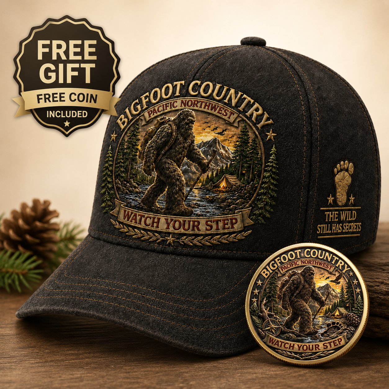 🦶🦶Bigfoot Country Vintage Embroidered Cap – Free Collector Coin Included