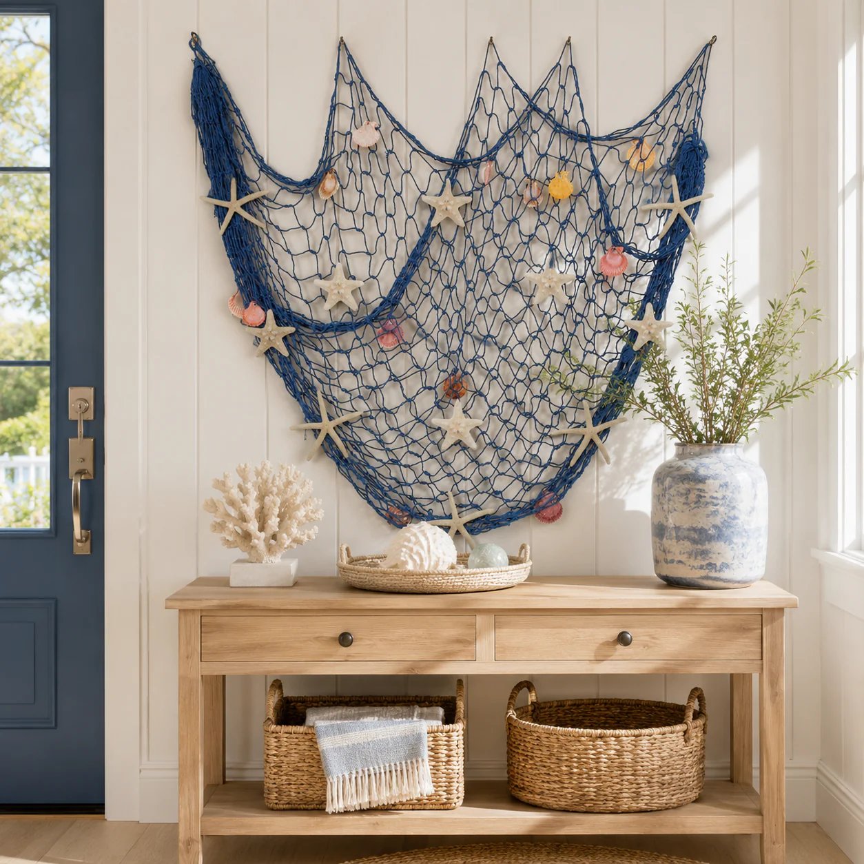 🌊🌊✨ Coastal Fishing Net Wall Hanging with Fairy Lights