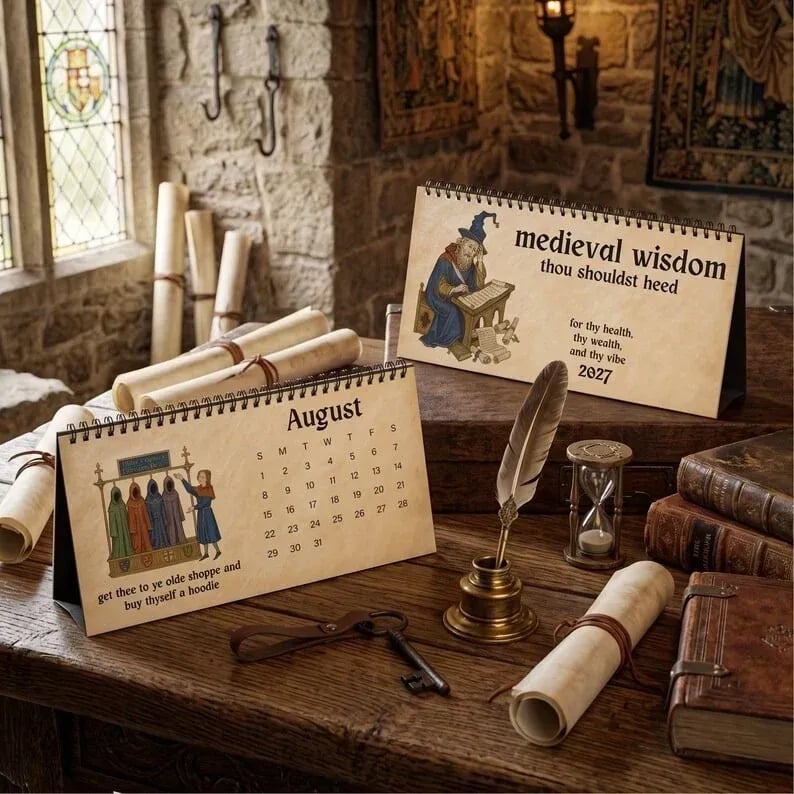 🗓️ Medieval Wisdom 2027 Desk Calendar | Medieval-Inspired Art, Modern Humor & Easy-Flip Spiral Binding 🏰
