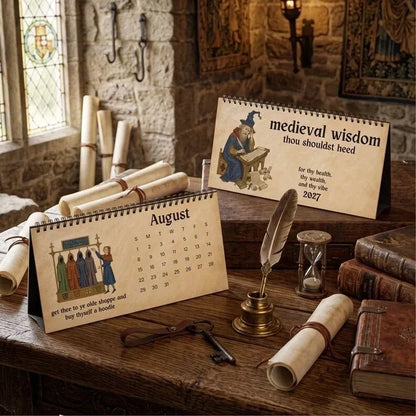 🗓️ Medieval Wisdom 2027 Desk Calendar | Medieval-Inspired Art, Modern Humor & Easy-Flip Spiral Binding 🏰