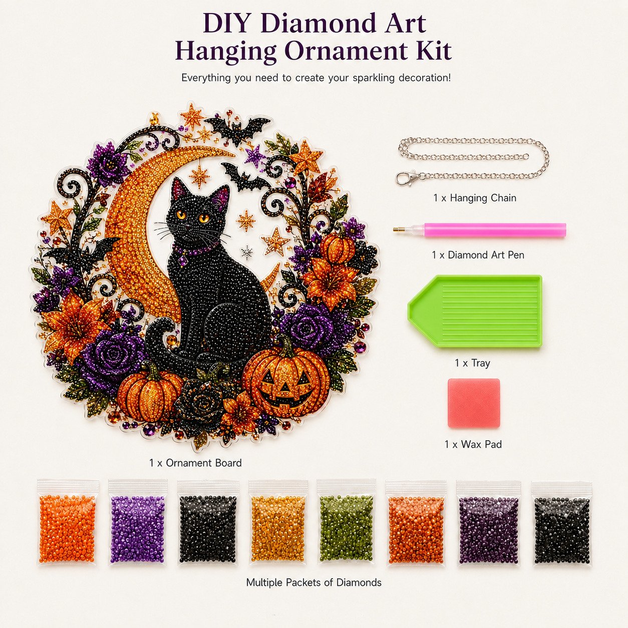 🎃🎃Black Cat Moon Diamond Art Hanging Ornament Kit – Relaxing DIY Halloween Craft 🎃💎 (📦Buy 2 Free Shipping)