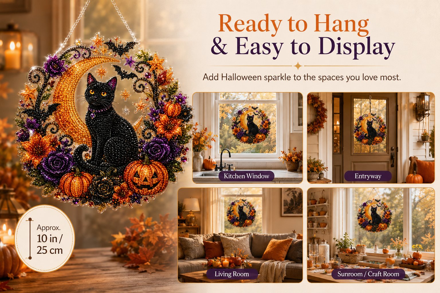 🎃🎃Black Cat Moon Diamond Art Hanging Ornament Kit – Relaxing DIY Halloween Craft 🎃💎 (📦Buy 2 Free Shipping)