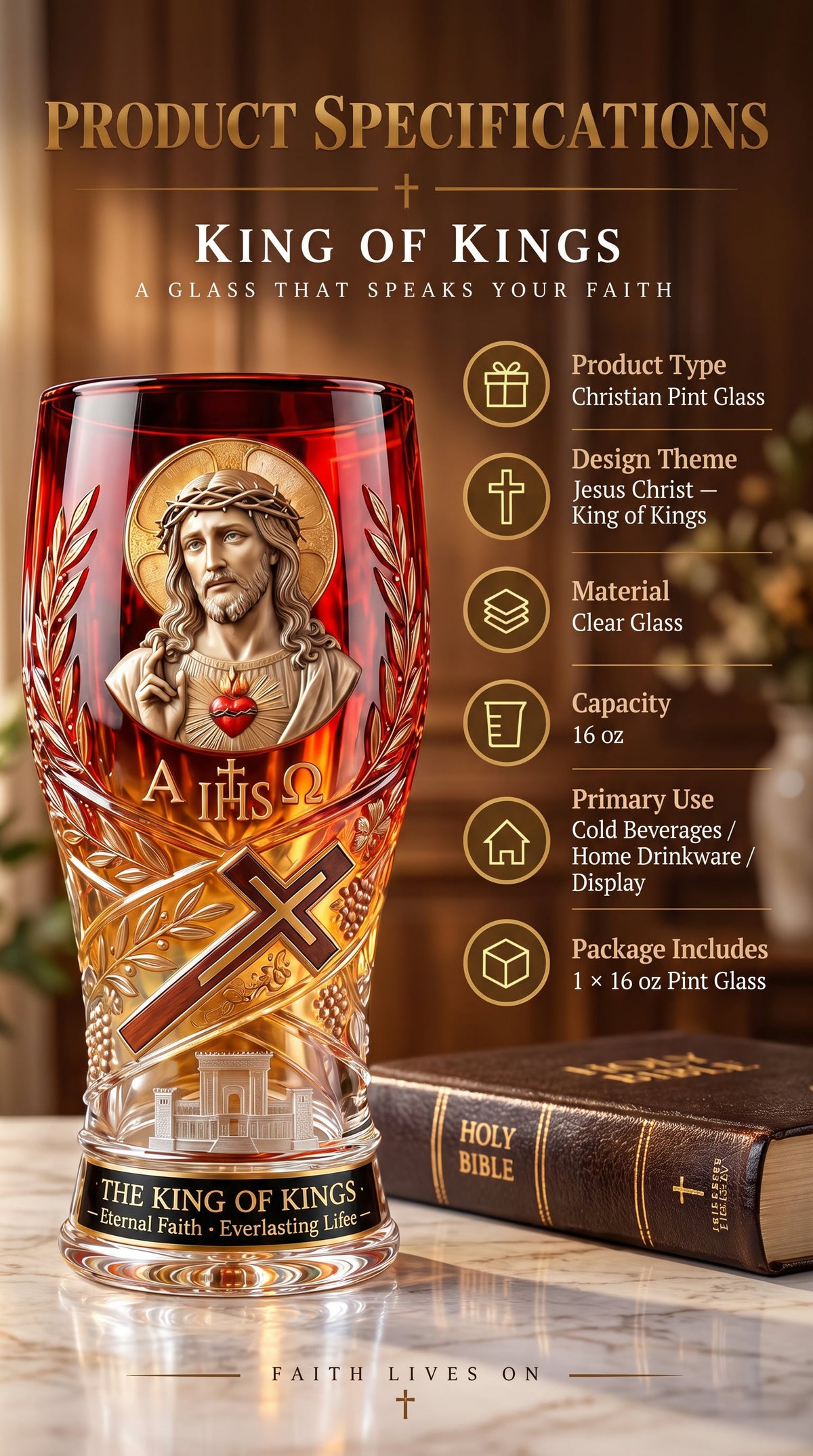 ❤️‍🔥❤️‍🔥Jesus Christ King of Kings Pint Glass – 16 oz Christian Faith Drinkware & Inspirational Gift