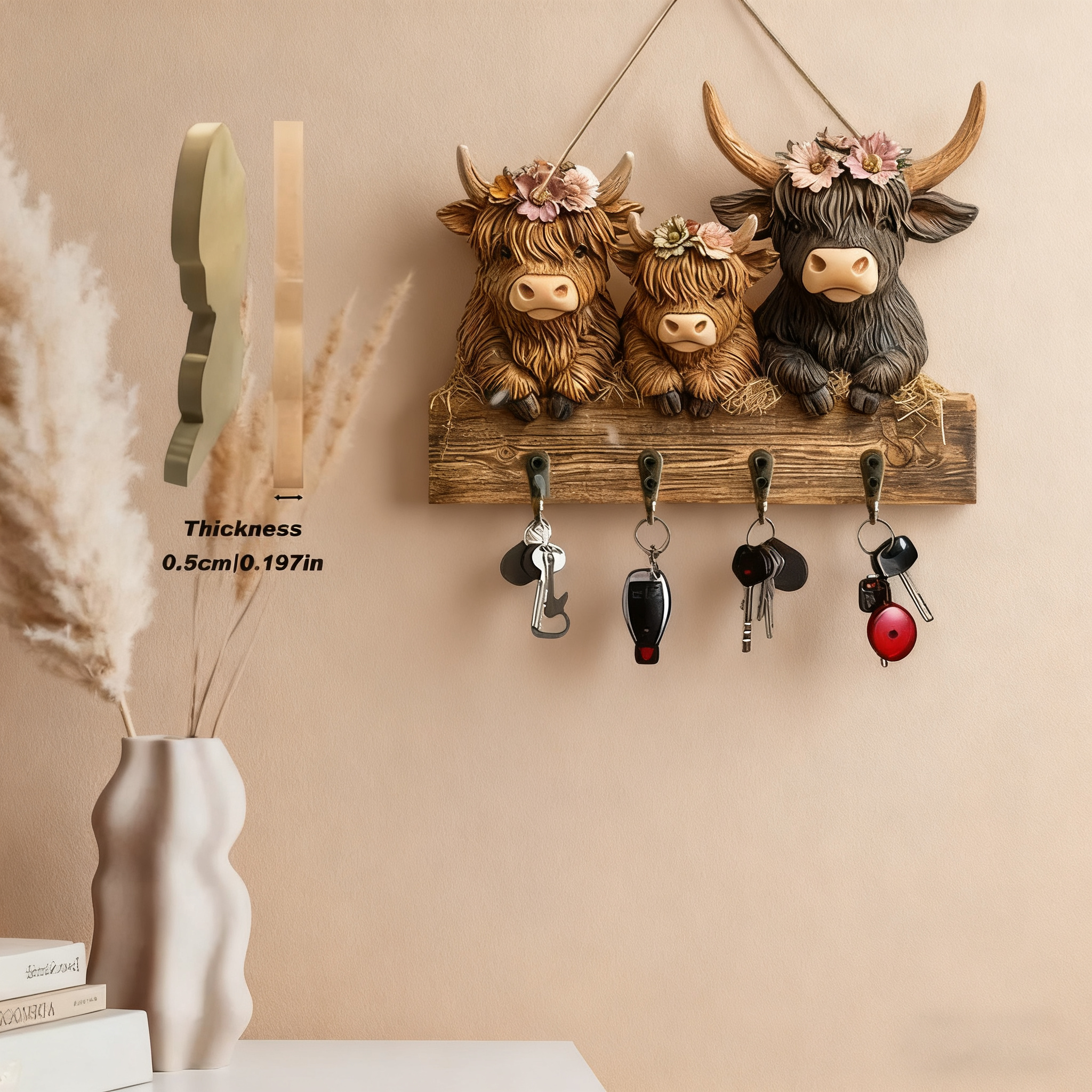 🐮 🐮2D-Rustic Highland Cow Wooden Family Key Holder Hanging Ornament with 4 Hooks