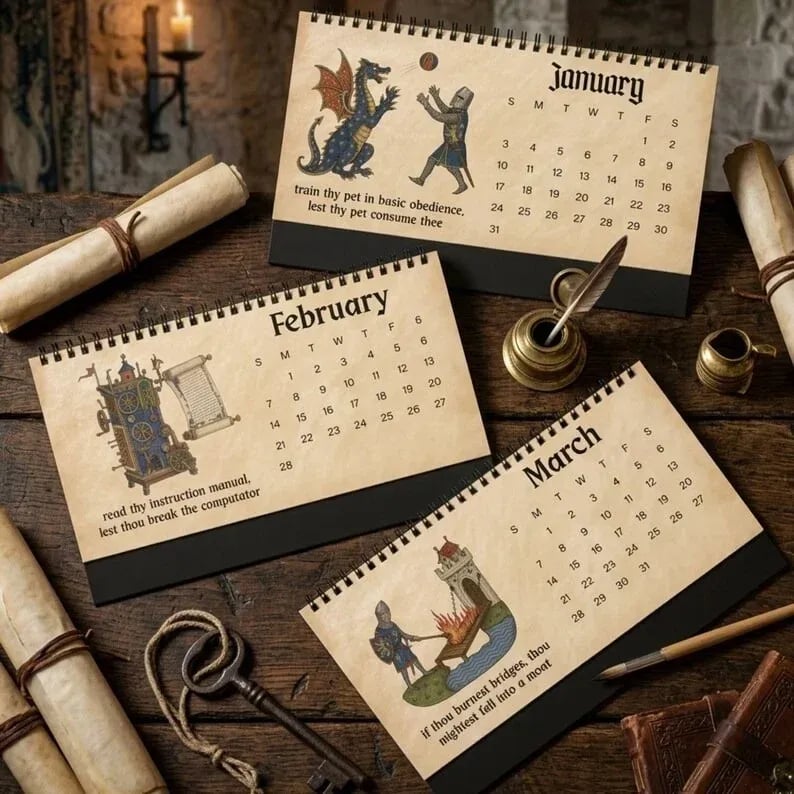 🗓️ Medieval Wisdom 2027 Desk Calendar | Medieval-Inspired Art, Modern Humor & Easy-Flip Spiral Binding 🏰