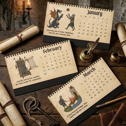 🗓️ Medieval Wisdom 2027 Desk Calendar | Medieval-Inspired Art, Modern Humor & Easy-Flip Spiral Binding 🏰