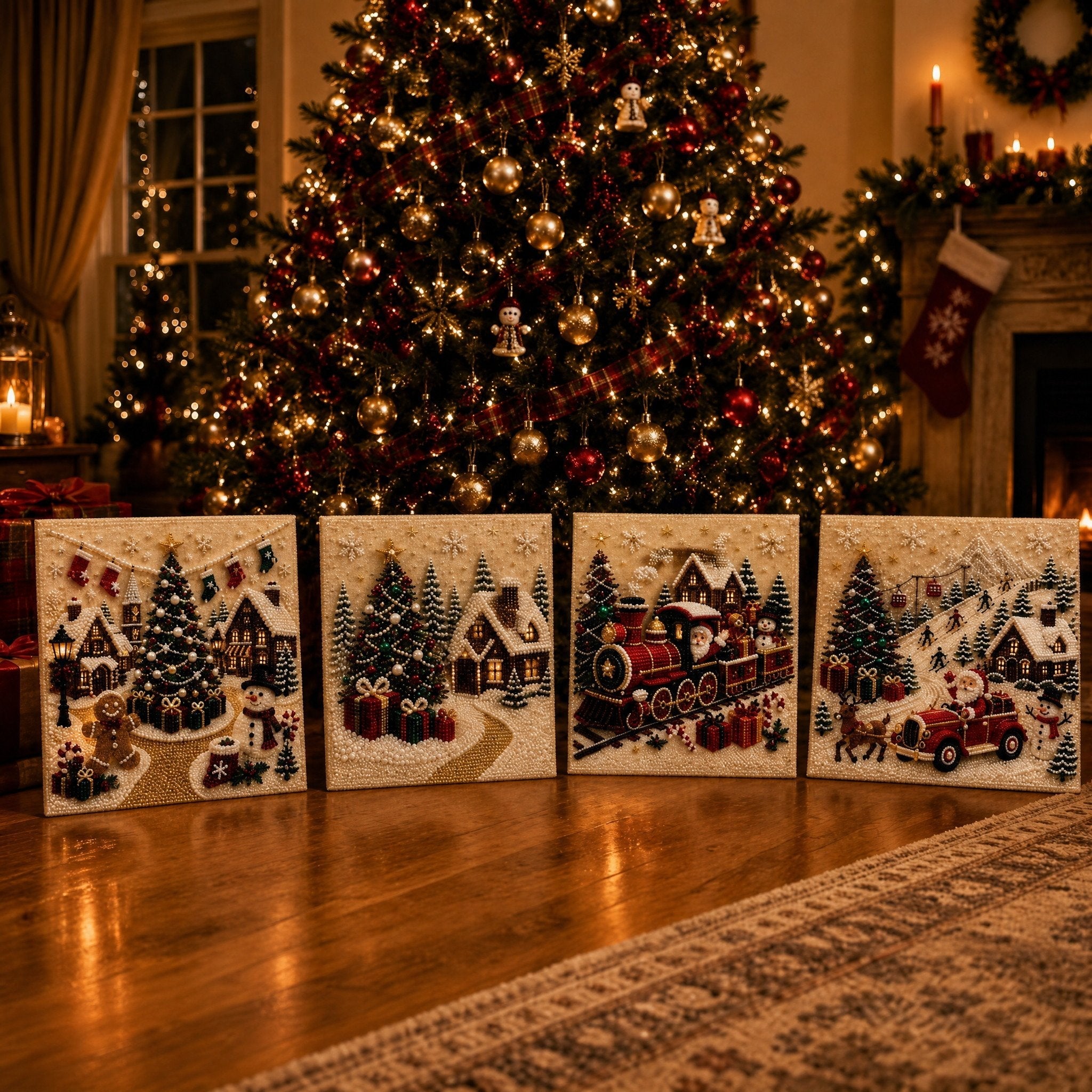 🎄🎄🎅 Premium 3D Pearl Christmas Wall Art Kit | Luxury Flocked Canvas with Scratch-Resistant Non-Fading Pearl Beads DIY Holiday Decor ⛄️❄️