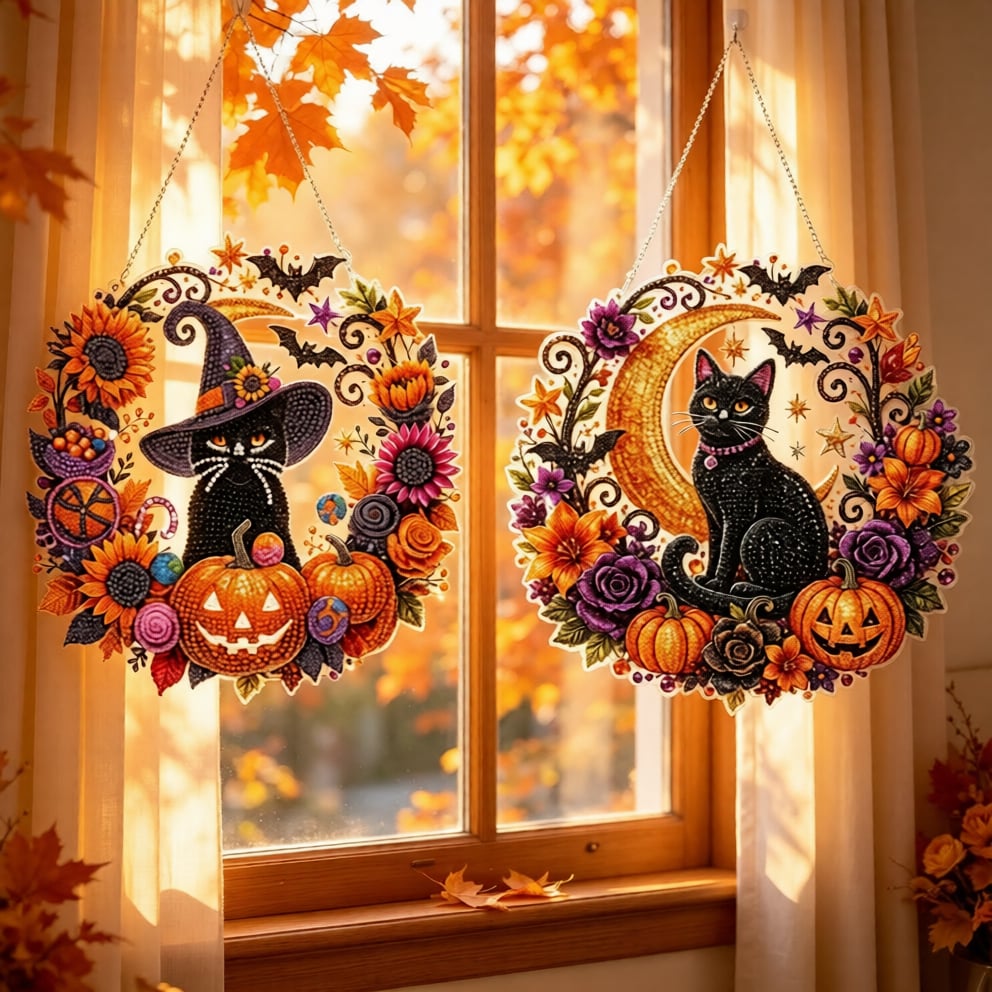 🎃🎃Black Cat Moon Diamond Art Hanging Ornament Kit – Relaxing DIY Halloween Craft 🎃💎 (📦Buy 2 Free Shipping)