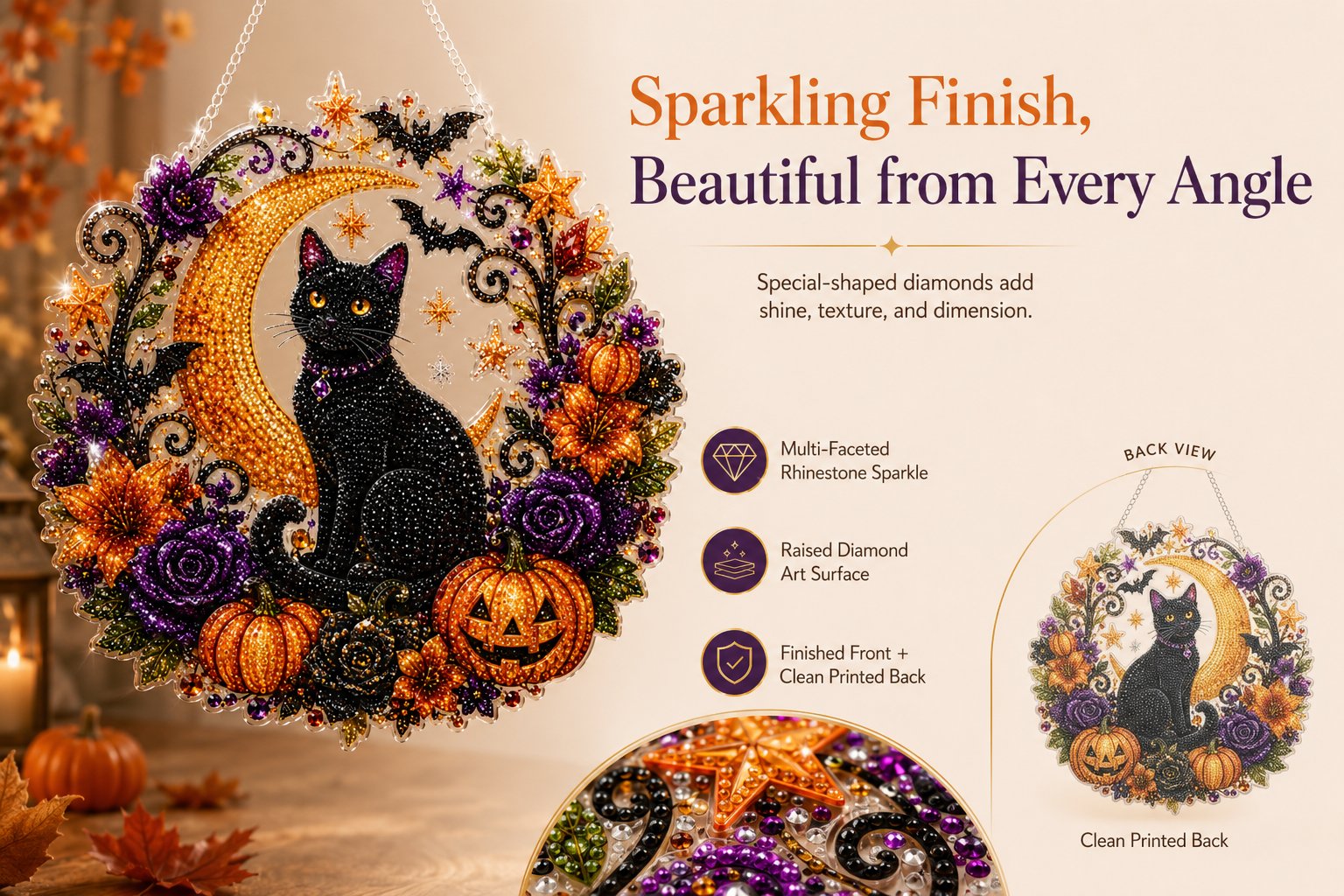 🎃Black Cat Moon Diamond Art Hanging Ornament Kit – Relaxing DIY Halloween Craft 🎃💎 (📦Buy 2 Free Shipping)
