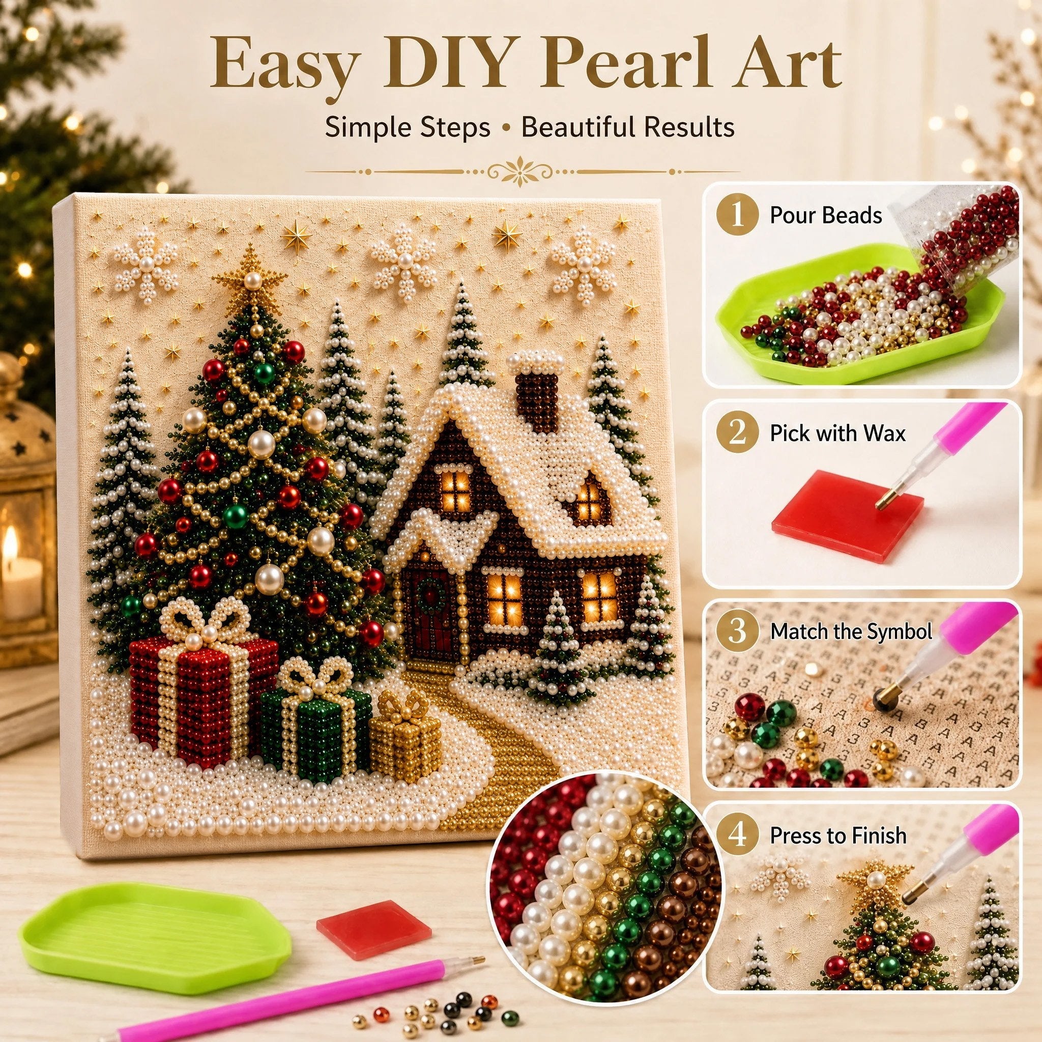 🎄🎅 Premium 3D Pearl Christmas Wall Art Kit | Luxury Flocked Canvas with Scratch-Resistant Non-Fading Pearl Beads DIY Holiday Decor ⛄️❄️