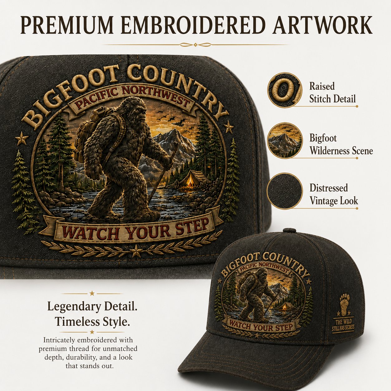 🦶🦶Bigfoot Country Vintage Embroidered Cap – Free Collector Coin Included