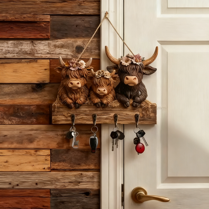 🐮2D- Rustic Highland Cow Wooden Family Key Holder Hanging Ornament with 4 Hooks