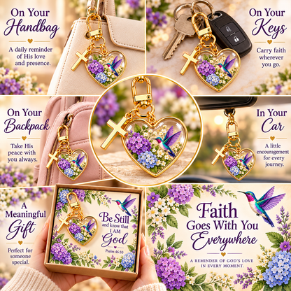 💜✝️ Be Still & Know That I Am God Hummingbird Faith Keychain — Psalm 46:10