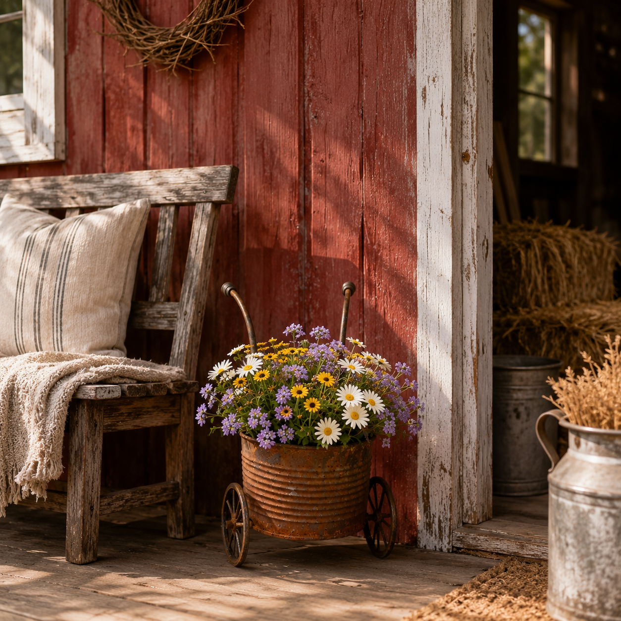 🌸🌸Rustic Metal Wheelbarrow Planter, Vintage Garden Cart Flower Pot