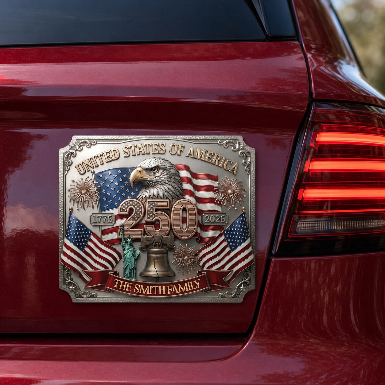 Personalized USA 250th Anniversary Family Magnetic Car Decal – 1776-2026 Patriotic Metal Emblem