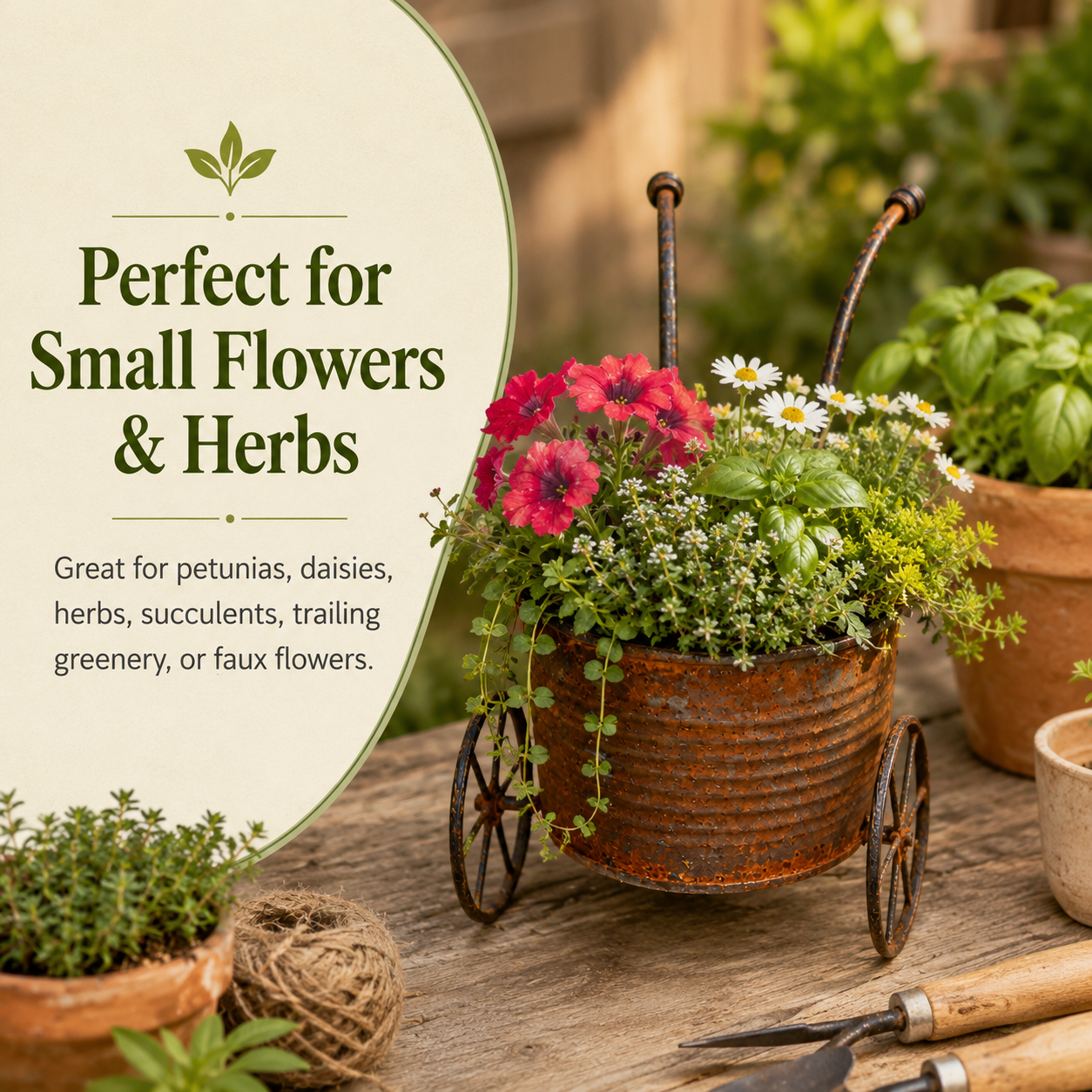 🌸🌸Rustic Metal Wheelbarrow Planter, Vintage Garden Cart Flower Pot