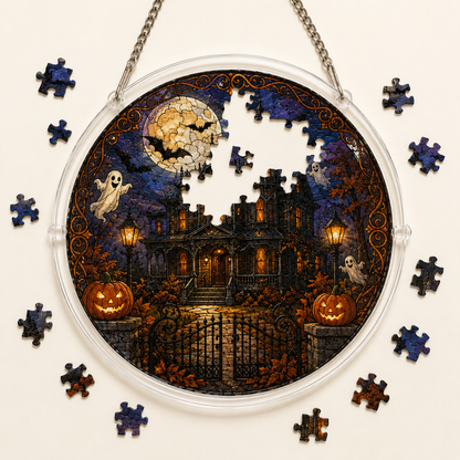 👻👻Halloween Acrylic Jigsaw Puzzle Suncatcher - Gothic Haunted House & Moon
