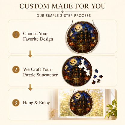 👻👻Halloween Acrylic Jigsaw Puzzle Suncatcher - Gothic Haunted House & Moon