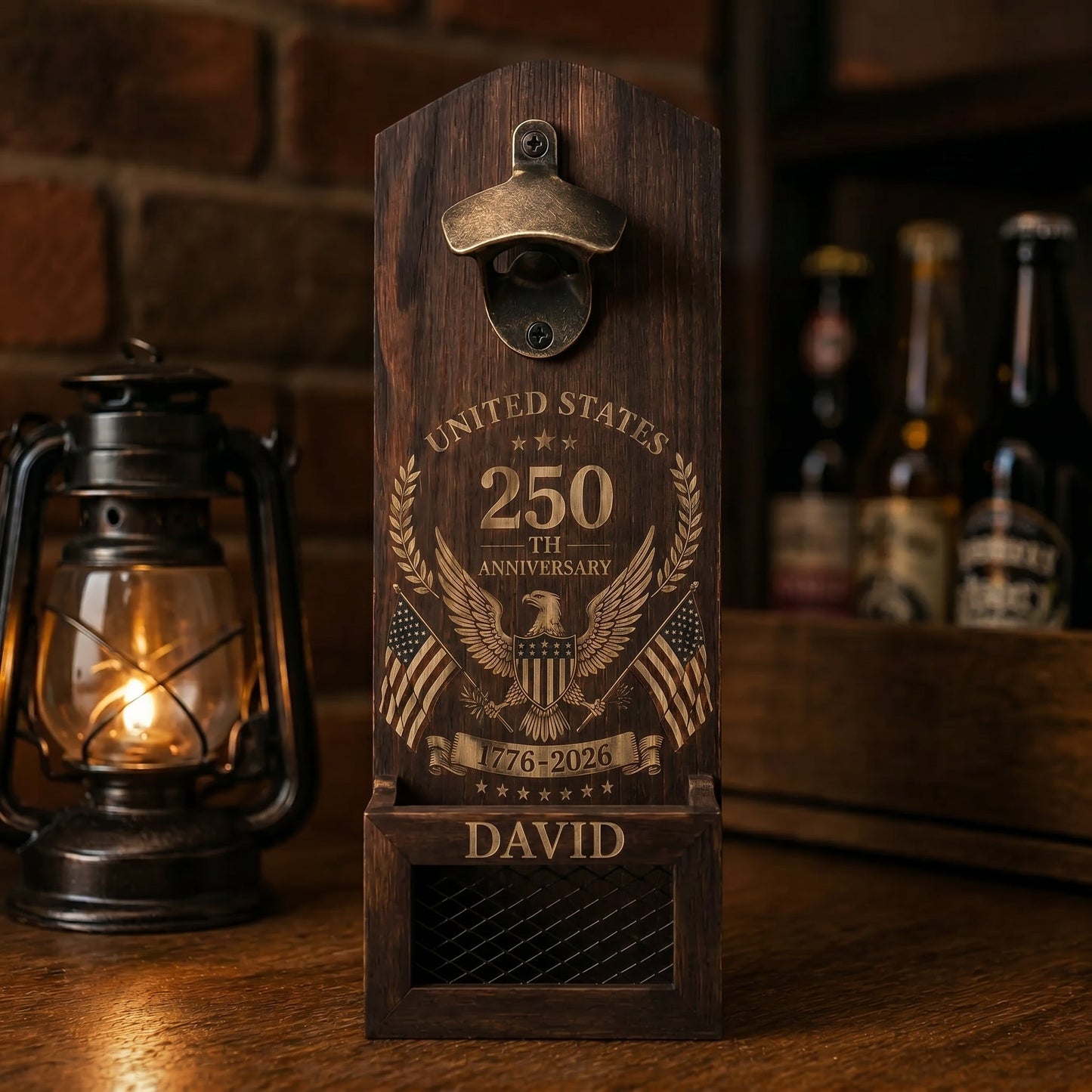 USA 250th Anniversary Personalized Wooden Bottle Opener with Cap Catcher