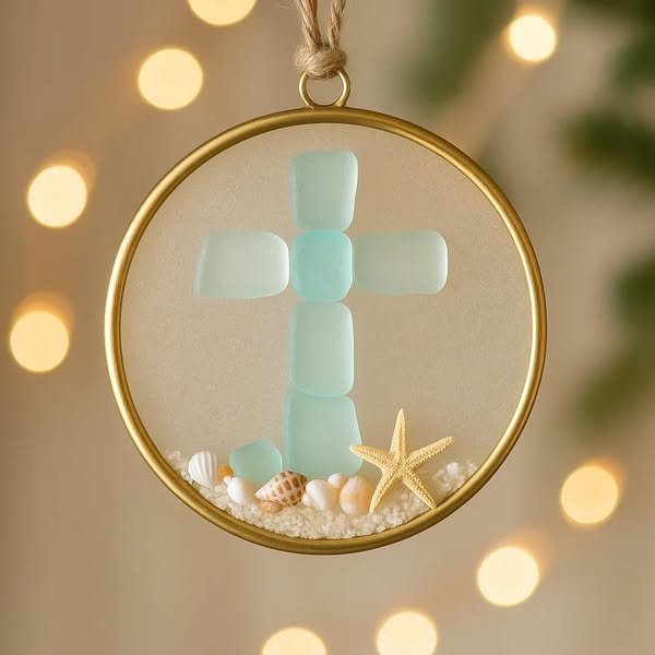 Sea Glass Cross Christmas Ornament