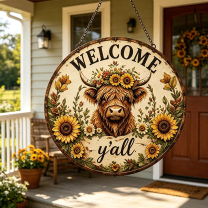 🌻🐂 Highland Cow Sunflower Welcome Sign