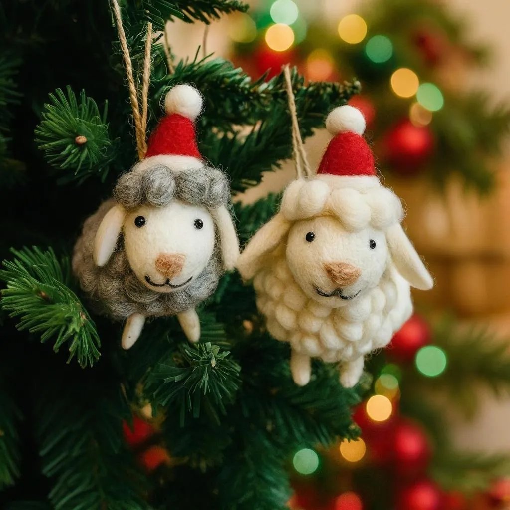 🎄🐑 Handmade Wool Felt Sheep Ornaments